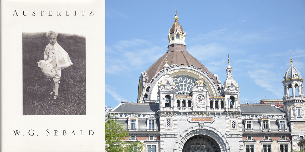 Cover art for the book Austerlitz, plus an exterior view of Antwerp Centraal train station