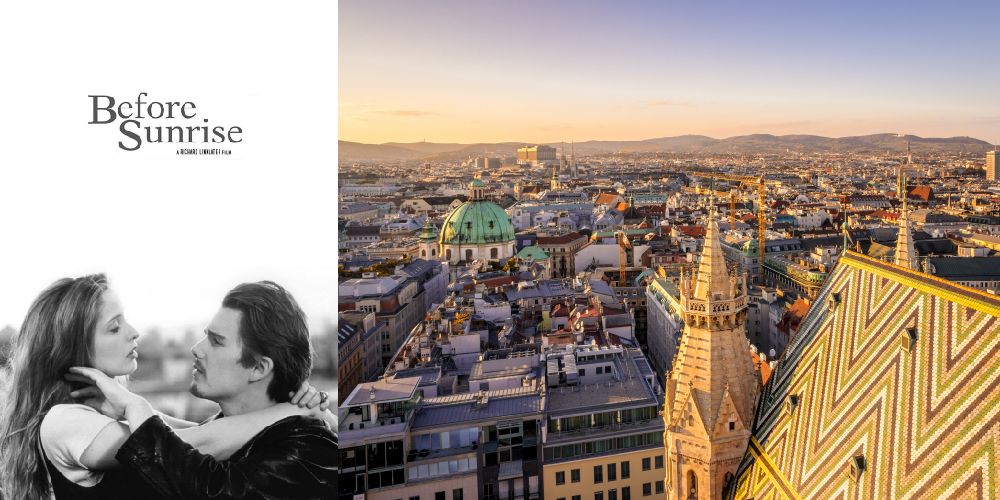 A movie poster for Before Sunrise and a cityscape view of Vienna.