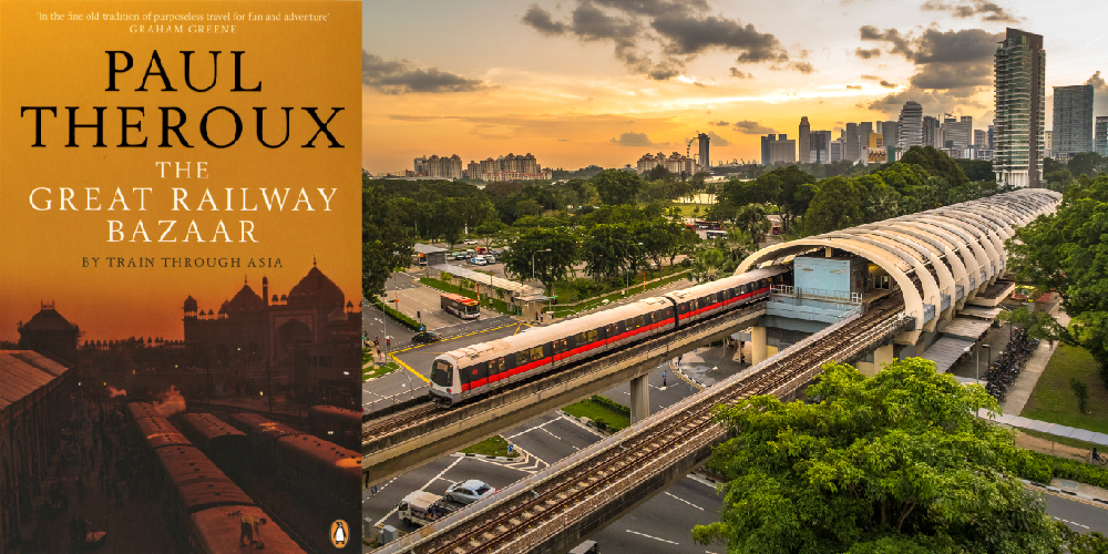 Cover art for the book The Great Railway Bazaar, plus a city view of Singapore.