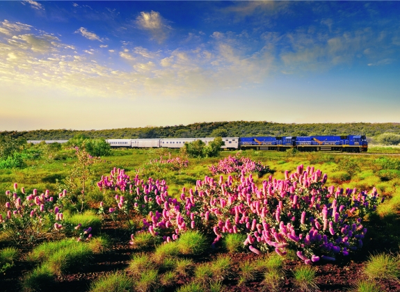 A train travels through wide open countryside