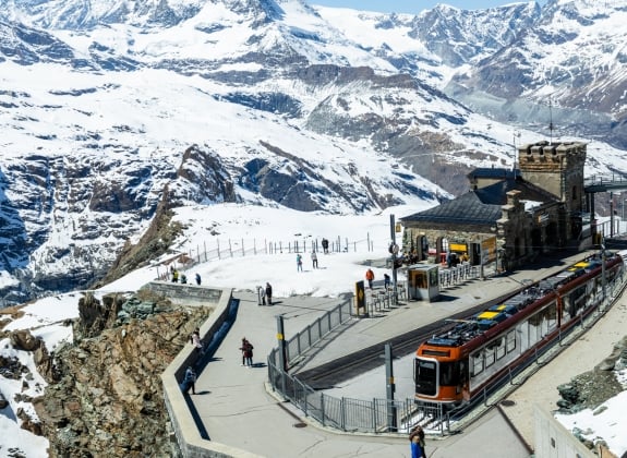 Europe’s highest open-air cog railway brings passengers direct from Zermatt station (1,620 m) to the summit of the Gornergrat