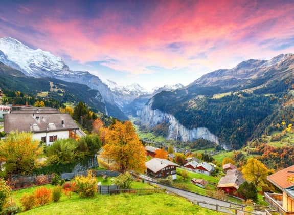 Wengen Switzerland mountain sunset view in autumn