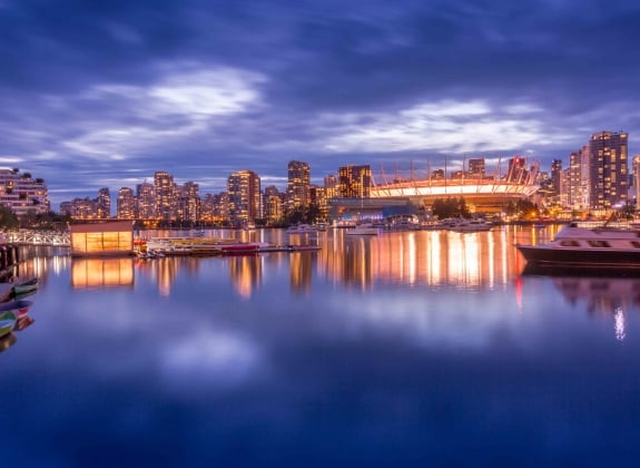 View of False Creek and Vancouver skyline, including BC Place, Vancouver, British Columbia, Canada, North America