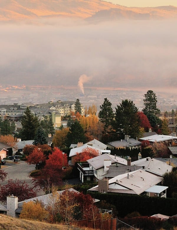An aerial view of the city of Kamloops, British Colombia during the autumn.