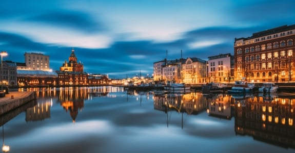 Helsinki, Finland. View Of Kanavaranta Street With Uspenski Cathedral And Pohjoisranta Street In Evening 