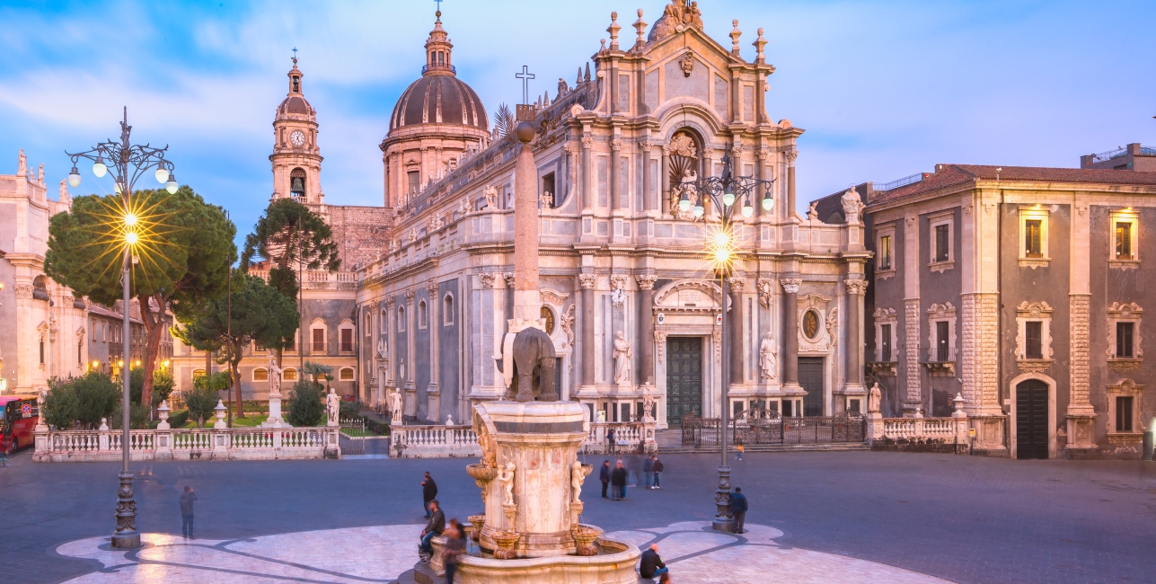 Piazza Duomo in Catania with the Cathedral of Santa Agatha and Liotru, symbol of Catania in the evening, Sicily