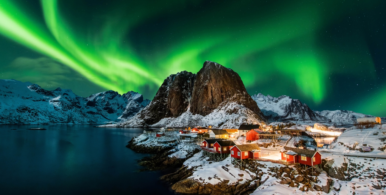 Aurora borealis (northern lights) over Hamnoy in Norway