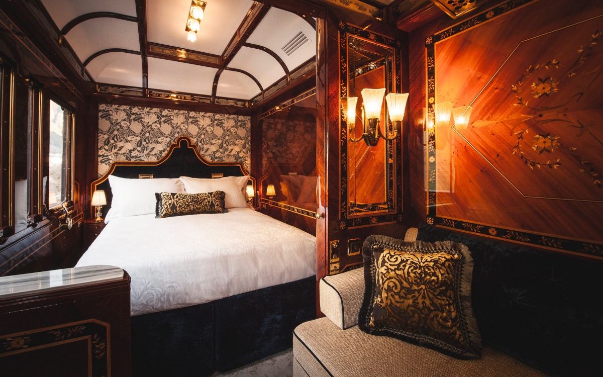 Grand Suite onboard the Venice Simplon-Orient-Express A luxury train cabin with full size double bed