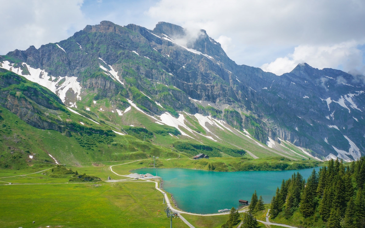 View From Mount Titlis A scenic view of lakes and mountains