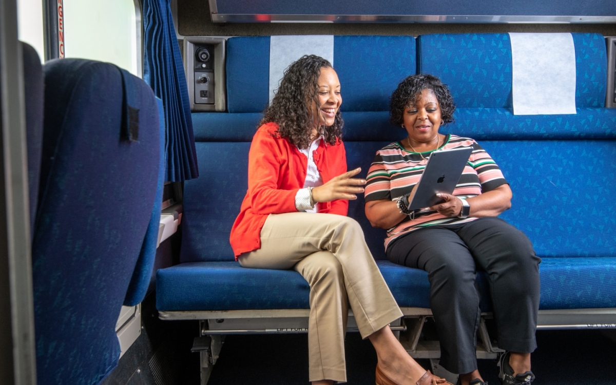 friends in an amtrak private bedroom laughing