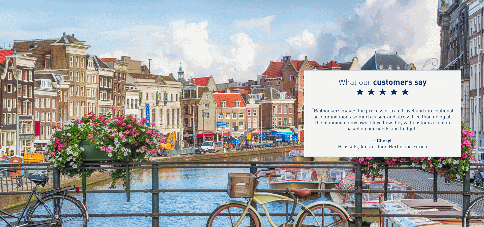 Customer Testimonials over a view of amsterdam