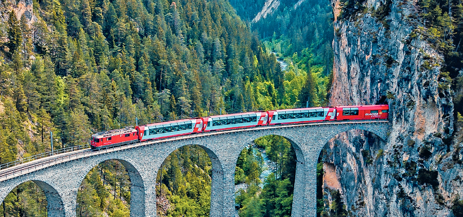 The Glacier Express on the Landwasser Viaduct A Train travels over the Landwasser viaduct in Switzerland