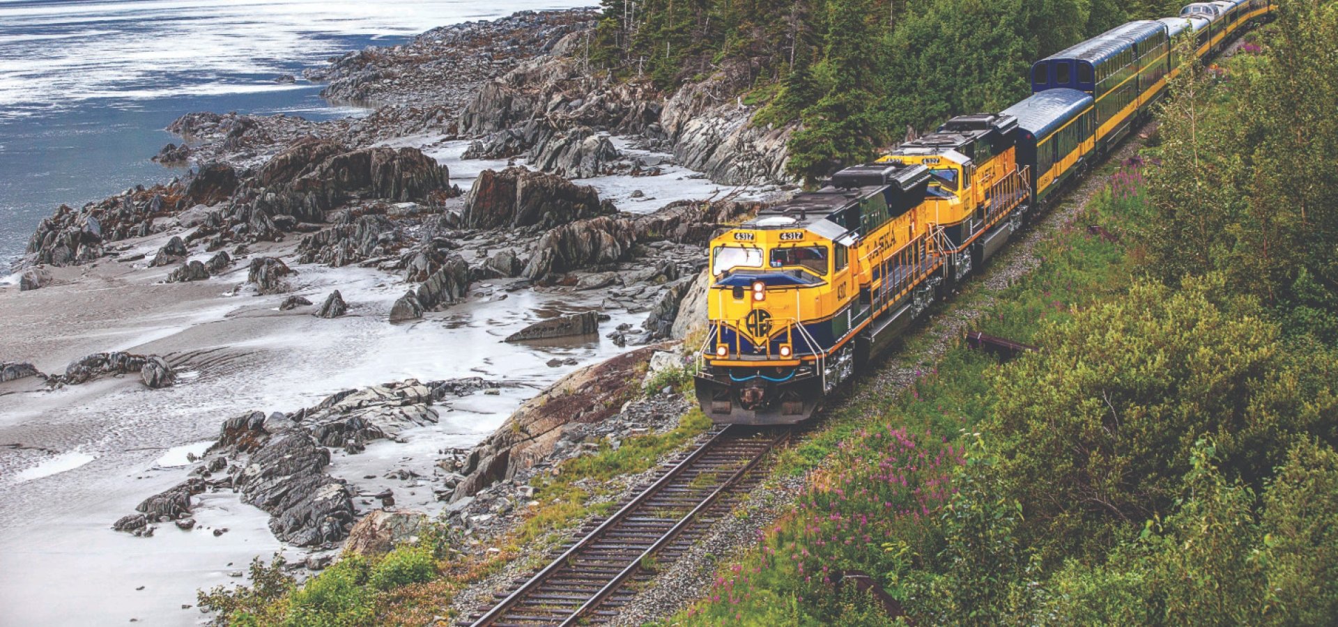 alaska railroad train next to a lake