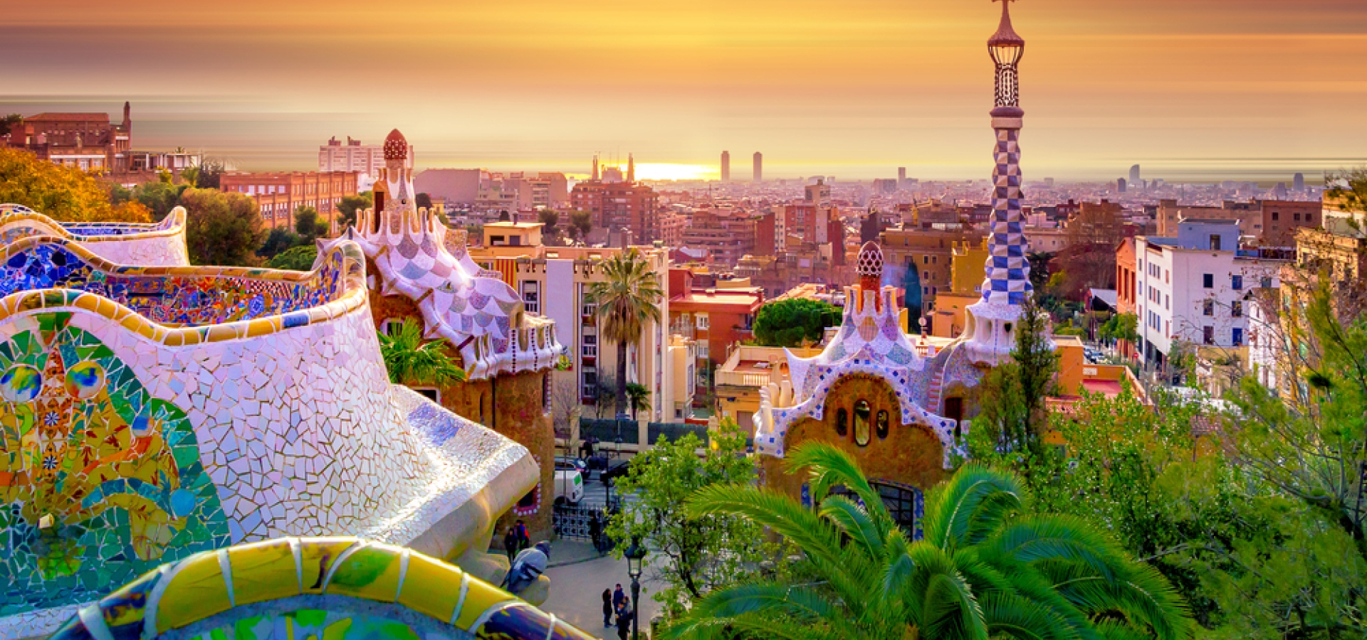 View of the city of Barcelona from Park Guell in sunrise colors, Spain.