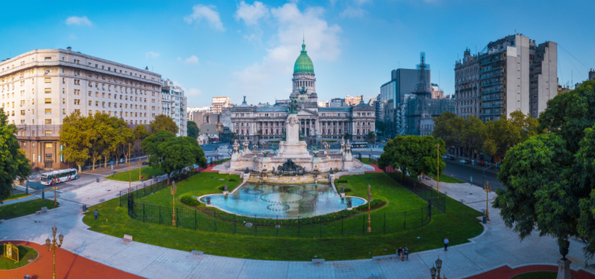  Panorama of the city of Buenos Aires. Aerial panorama of the square near Congreso at sunny day. Argentina