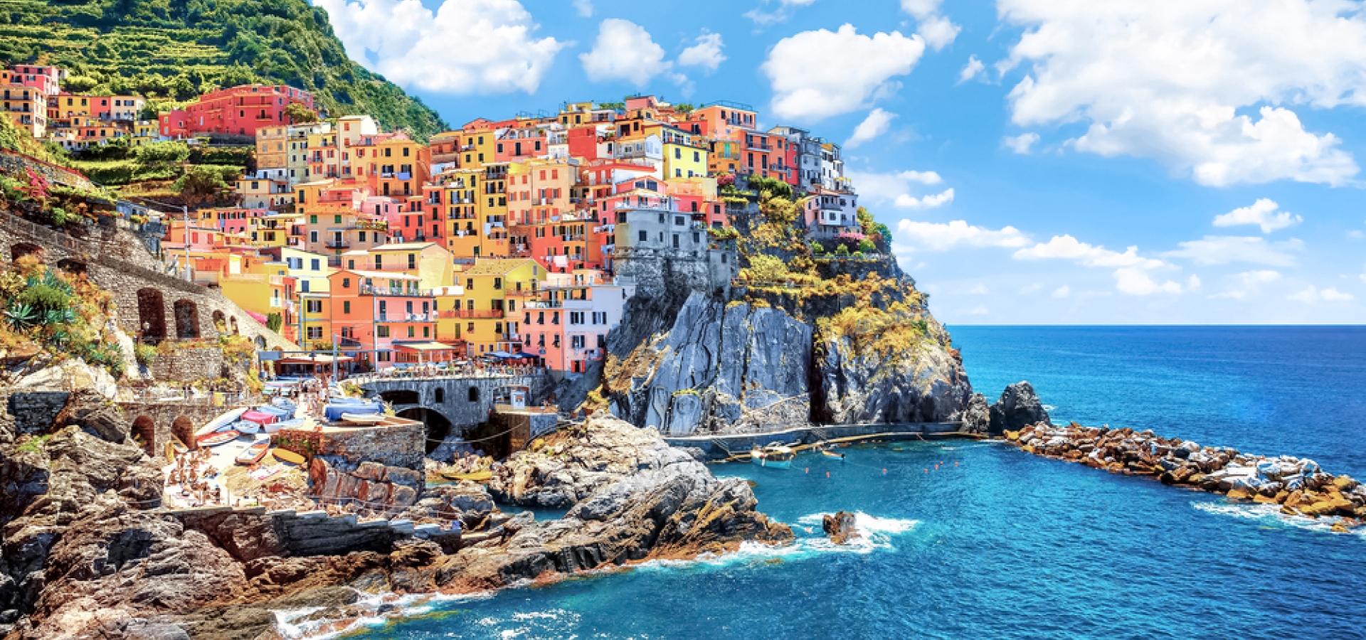 Beautiful view of the city on the rock, Manarola, Italy, Liguria, Cinque Terre.