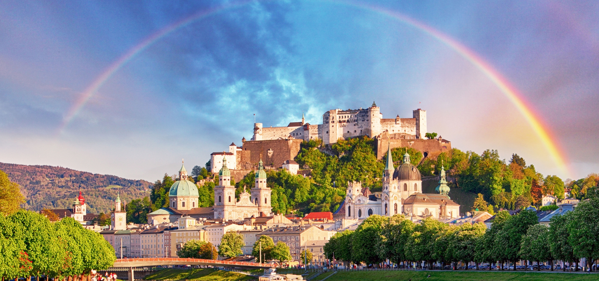 Austria, Rainbow over Salzburg castle