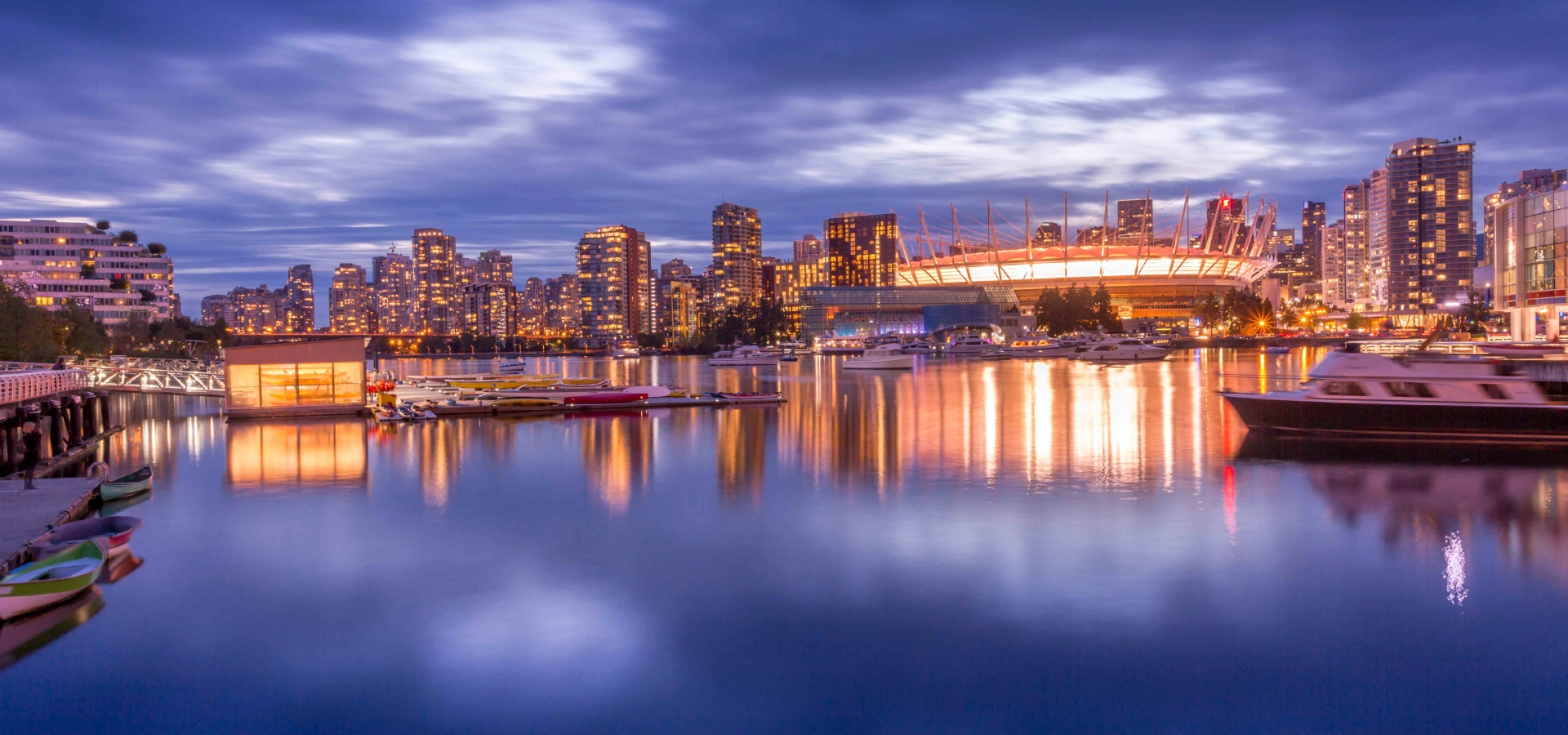 View of False Creek and Vancouver skyline, including BC Place, Vancouver, British Columbia, Canada, North America