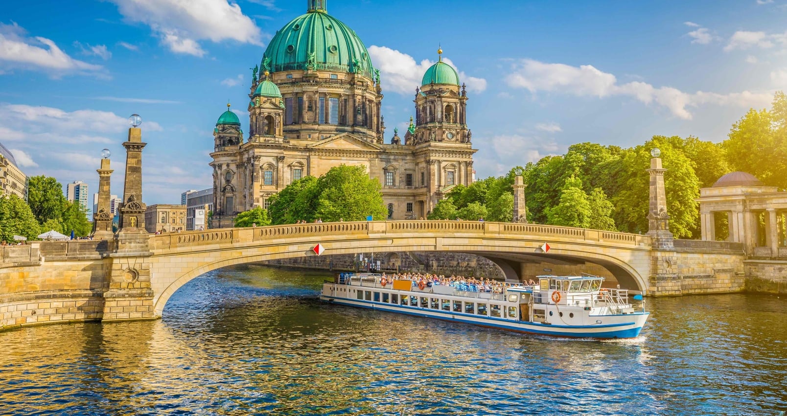 Beautiful view of historic Berlin Cathedral with River Cruise