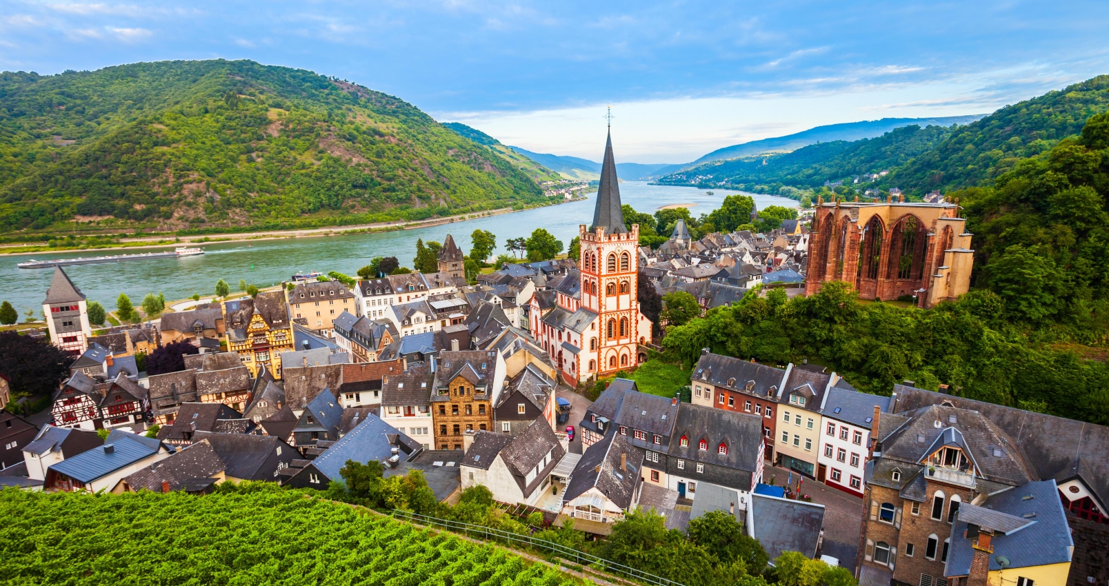 Bacharach aerial panoramic view. Bacharach is a small town in Rhine valley in Rhineland-Palatinate, Germany