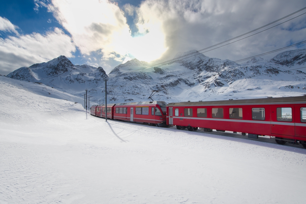 Bernina Express Train exterior in the snow