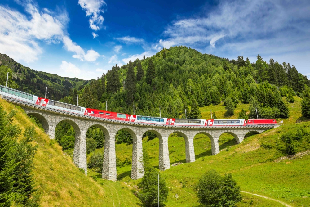 The Glacier Express travels over Landwasser viaduct