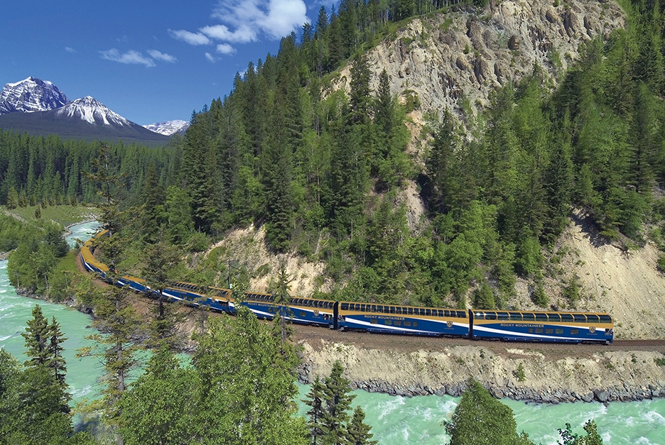 Rocky Mountaineer train passing through the Canadian Rockies