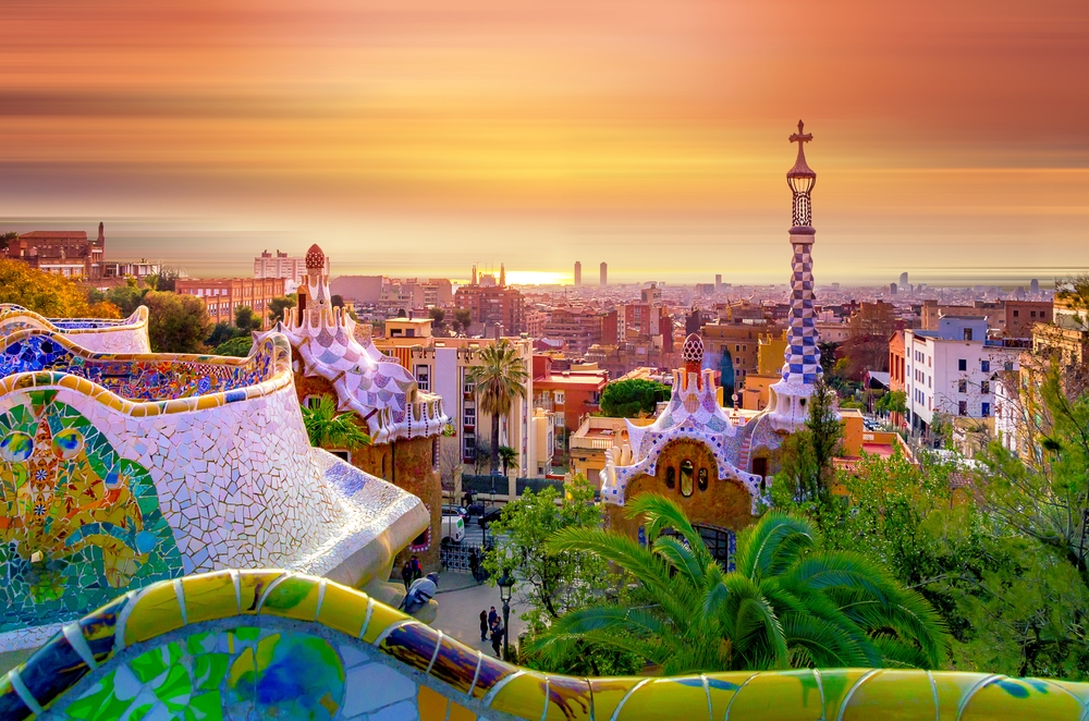View of the city of Barcelona from Park Guell in sunrise colors, Spain.