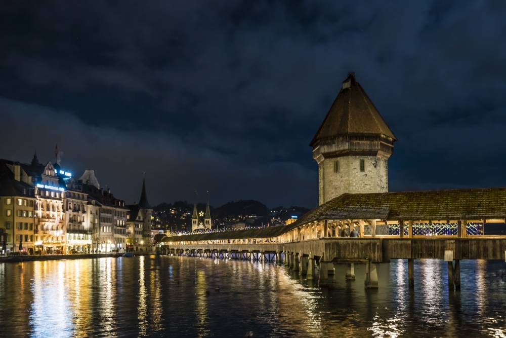 Chapel Bridge at night in Lucerne, Switzerland