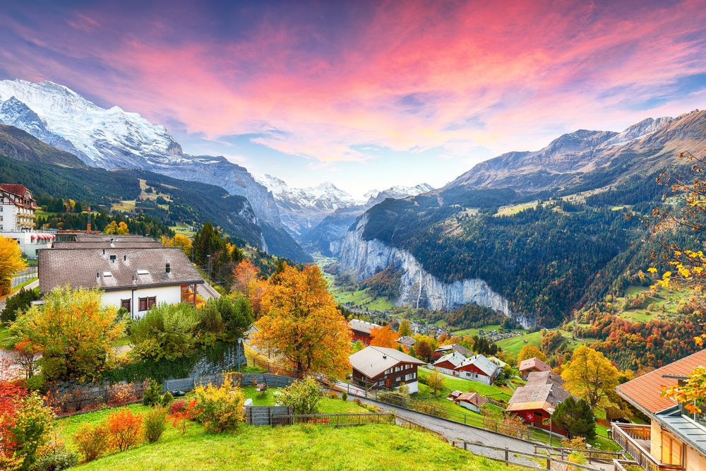 Wengen Switzerland mountain sunset view in autumn